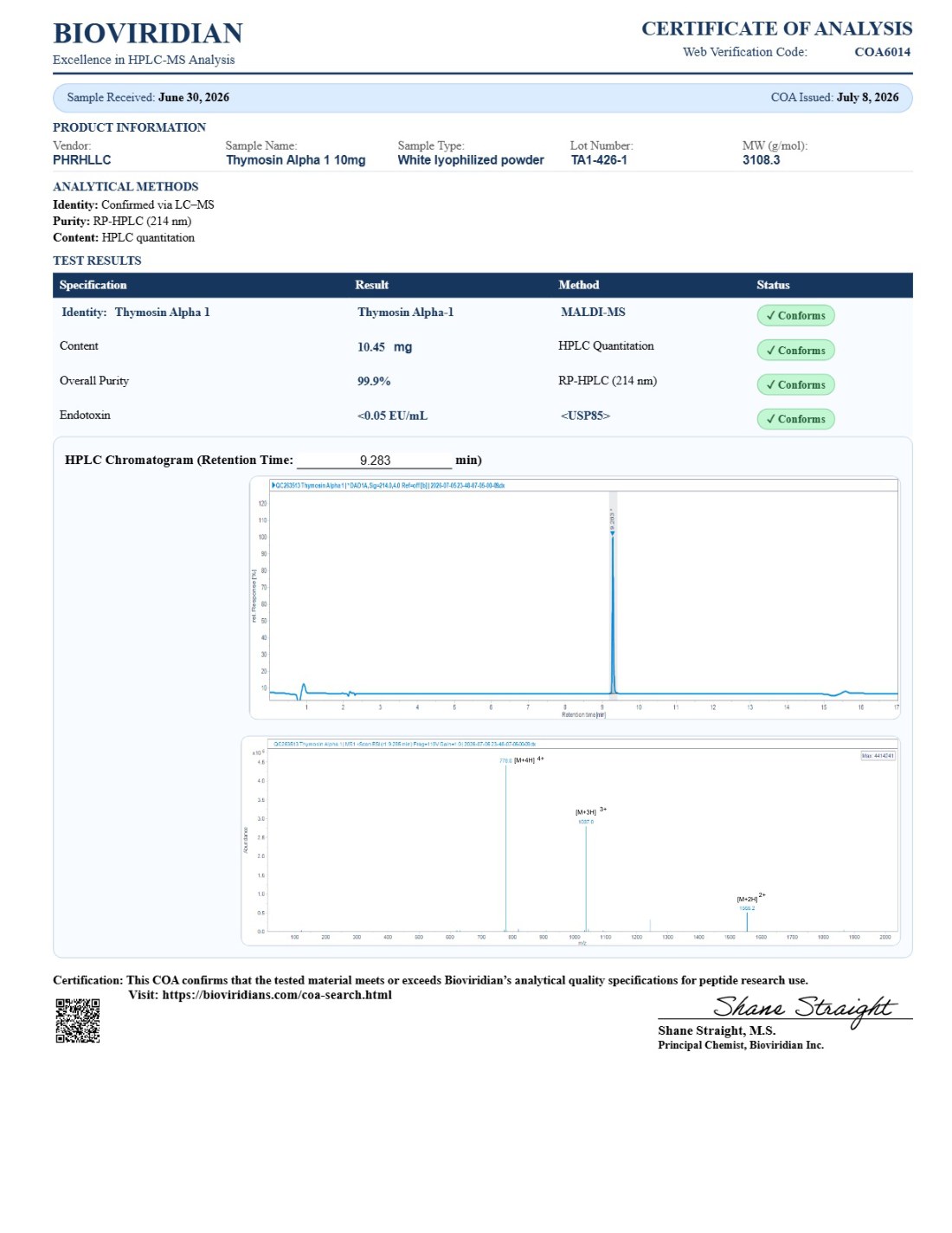 Thymosin Alpha-1 10mg COA