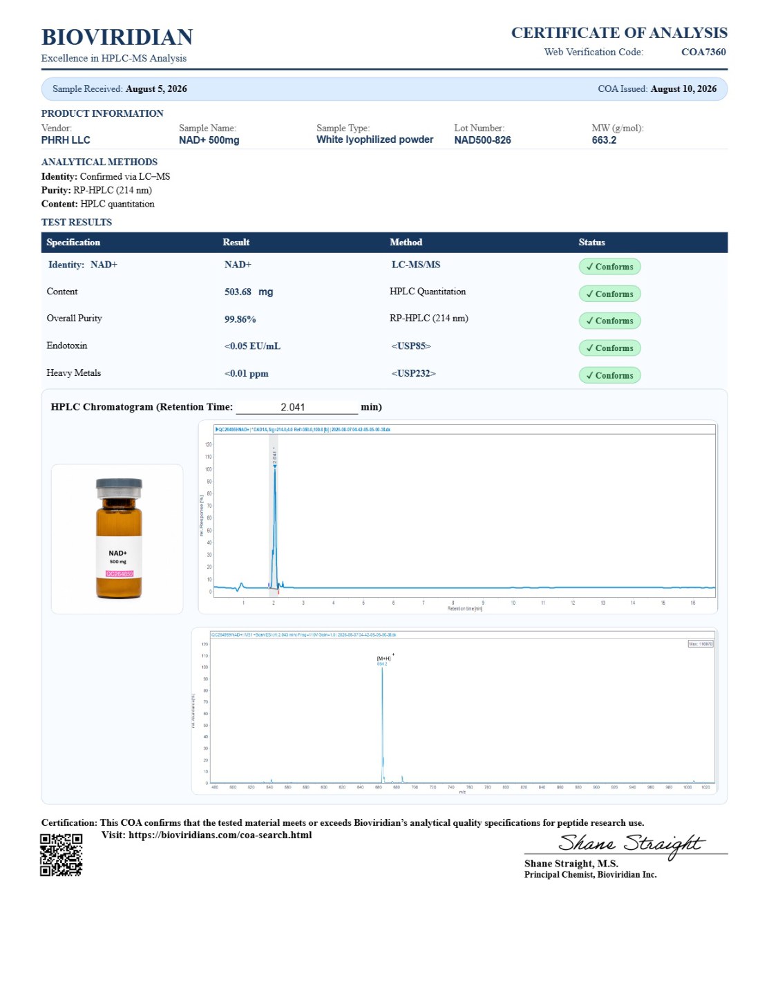 NAD+ — 500mg certificate