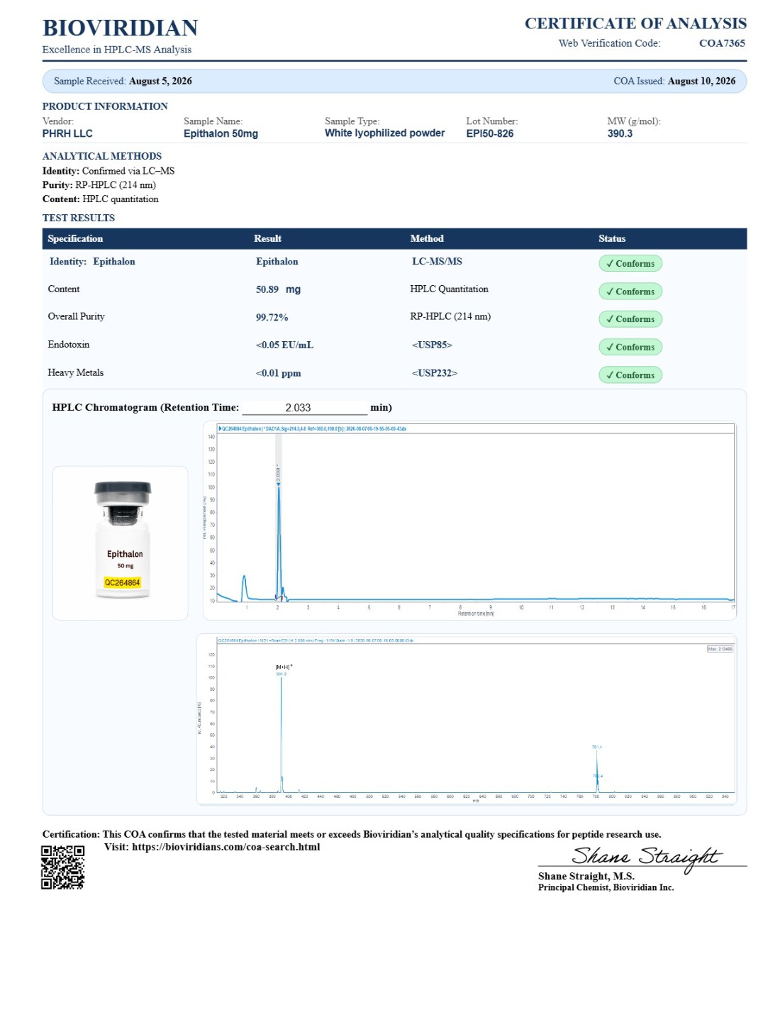Epithalon (Epitalon) - 50mg COA