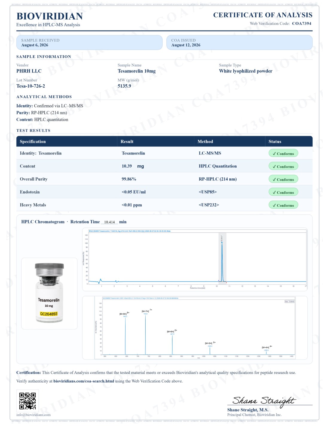 Tesamorelin — 10mg certificate